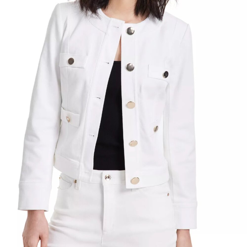 Ann Klein White Denim Collarless Jacket